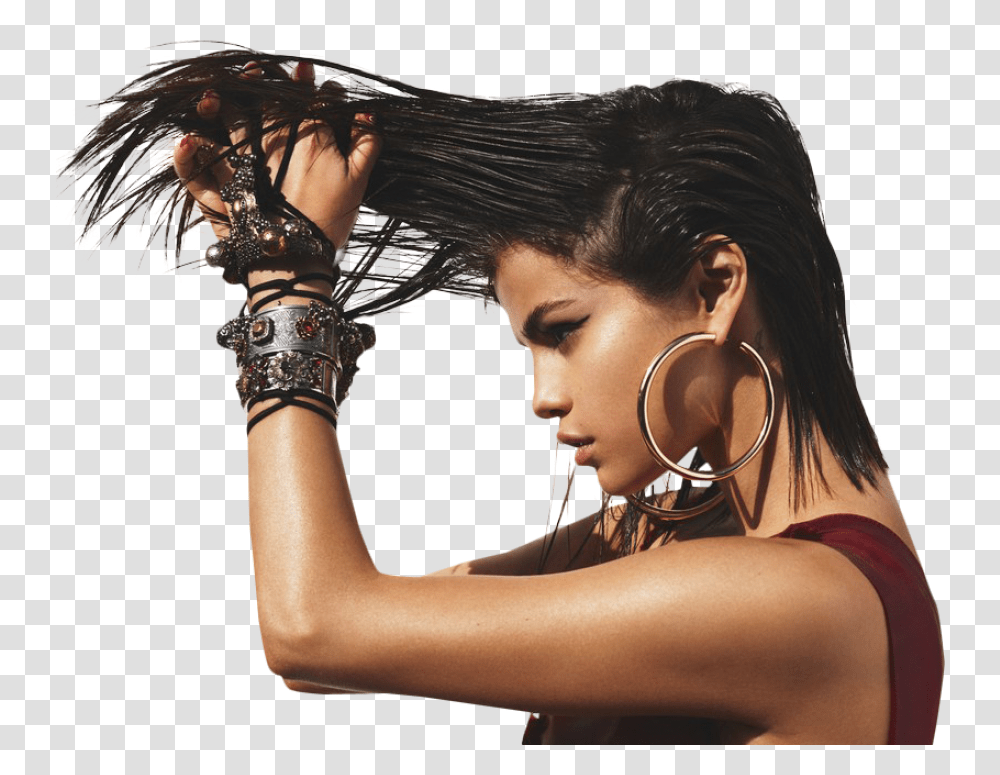 Sexy Selena Gomez Holding Her Hairs Image Selena Gomez Vogue Photoshoot, Arm, Skin, Person, Face Transparent Png