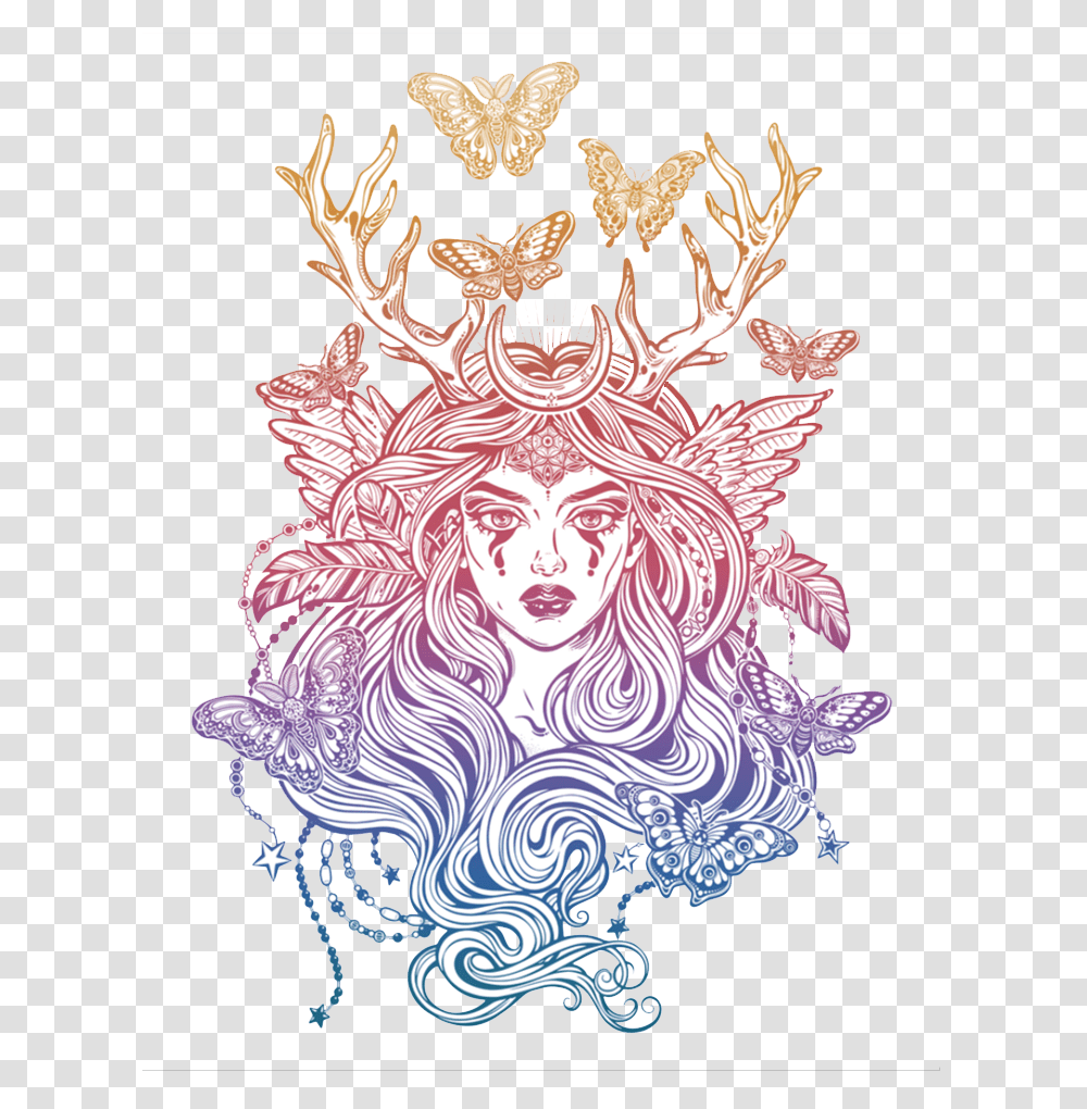 Shaman Elf Magic Woman With Deer Antlers, Doodle, Drawing Transparent Png