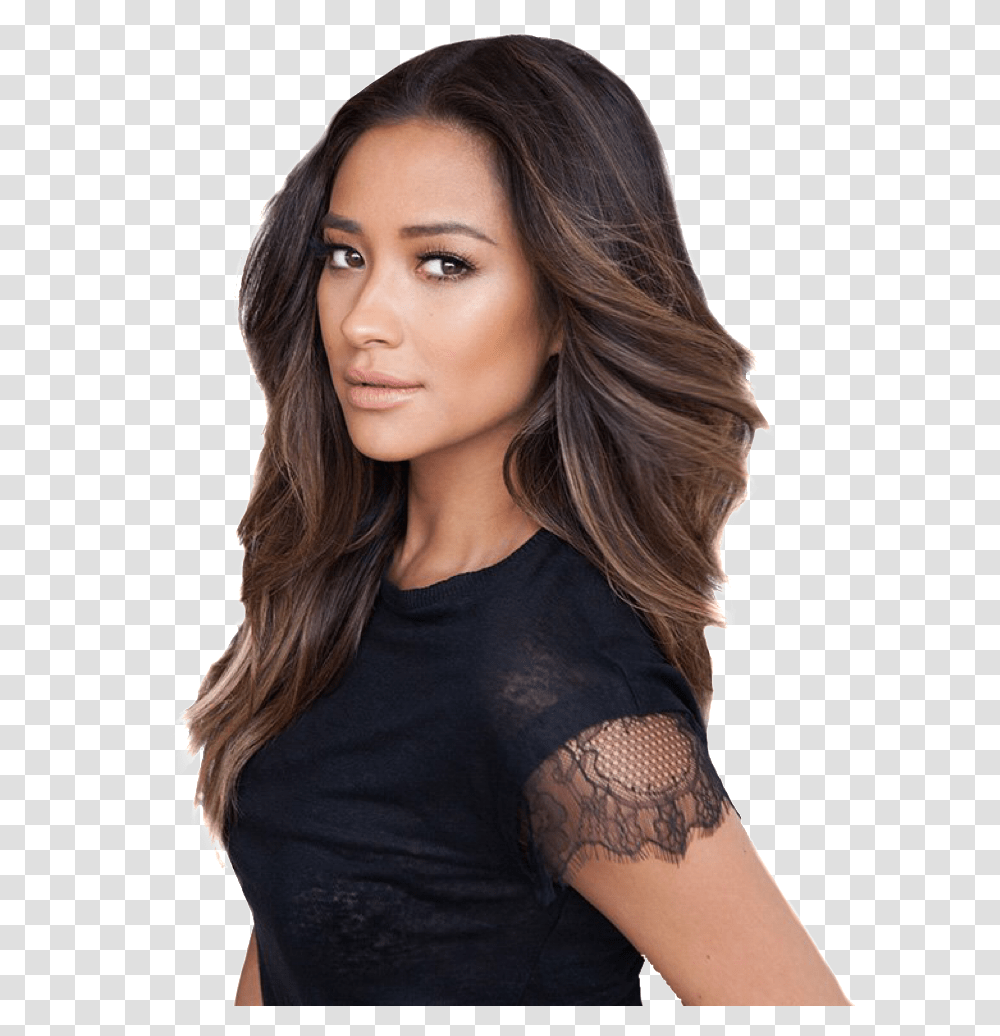 Shay Mitchell In Black Short Sleeved Shirt Chestnut Brown Balayage On Black Hair, Face, Person, Skin, Female Transparent Png