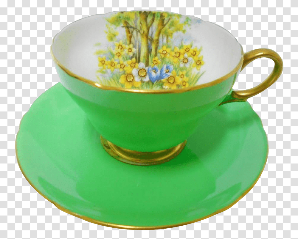 Shelley Henley Daffodil Time Green Tea Cup And Saucer Saucer, Pottery, Plant, Vase, Jar Transparent Png