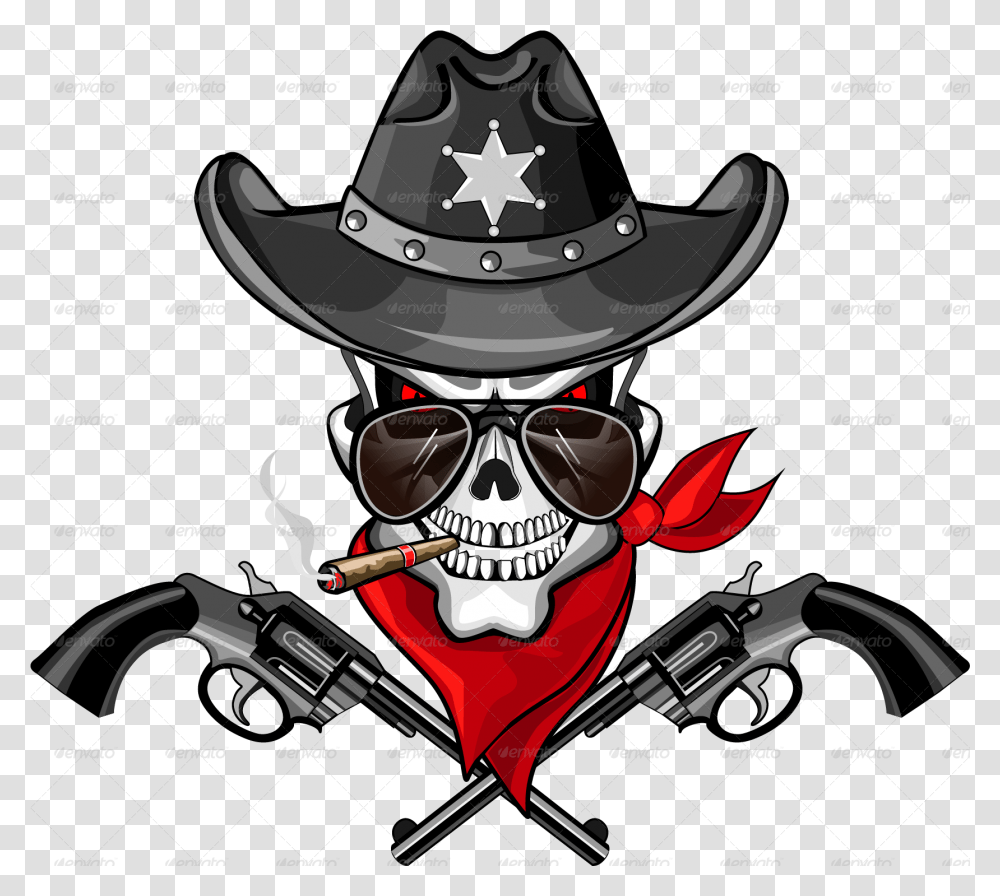 Sheriff Skull With Pistols And A Cigar Skull With Gun, Sunglasses, Accessories, Accessory, Pirate Transparent Png