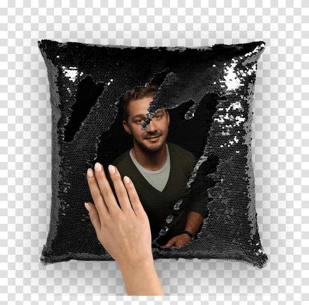 Shia Labeouf Face Danny Devito Sequin Pillow, Cushion, Person, Human, Hand Transparent Png