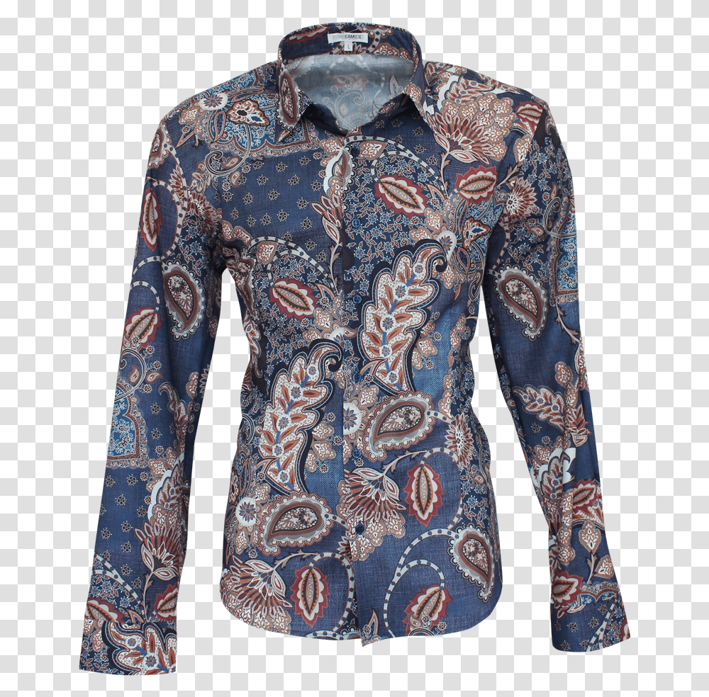 Shirt In Denim Color With Fancy Pattern Fancy Shirt, Paisley, Person, Human Transparent Png