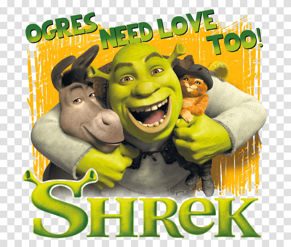 Shrek Ogres Need Love Men's Tall Fit T Shirt Shrek Puss And Donkey, Advertisement, Poster, Animal, Mammal Transparent Png