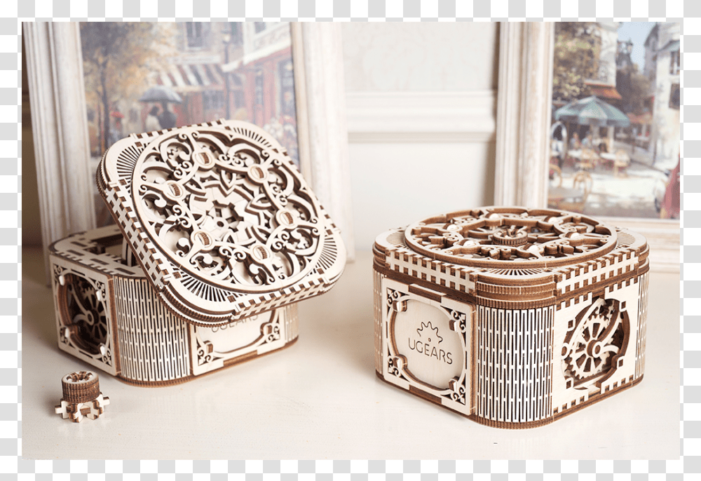 Side By Side Ugears Treasure BoxClass Casket, Person, Human, Furniture, Cuff Transparent Png