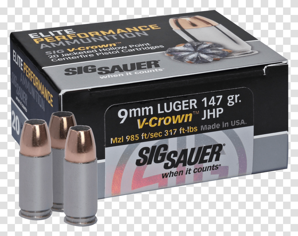Sig Sauer E9mma320 Elite V Crown 9mm Luger 147 Gr Jacketed Sig Sauer 45 Hollow Point, Weapon, Weaponry, Ammunition, Box Transparent Png