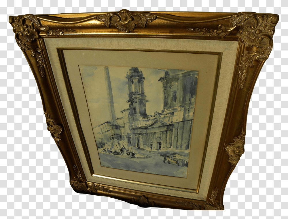 Signed Italian 20th Century Watercolor Of Old Church Picture Frame Transparent Png