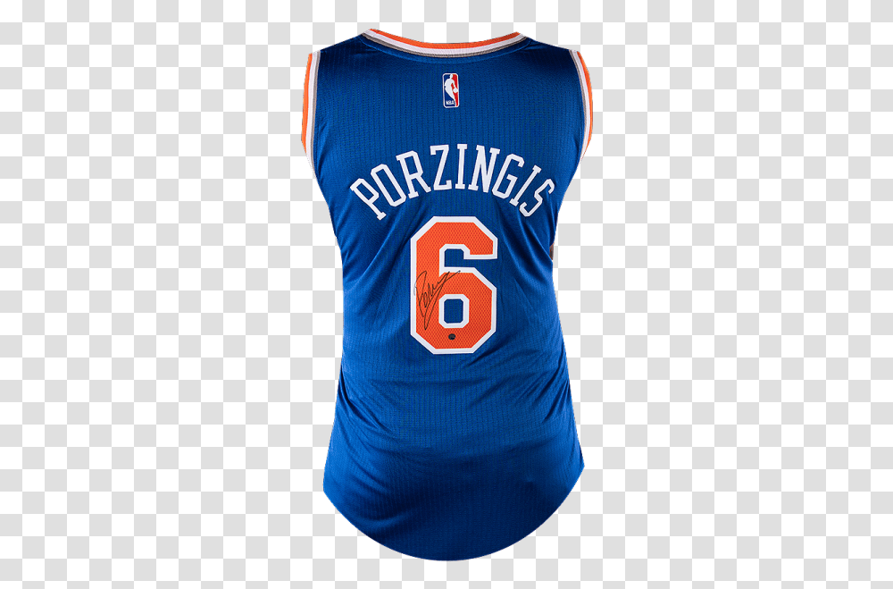 Signed New York Knicks Jersey Kristaps Porziis, Clothing, Apparel, Shirt, Person Transparent Png