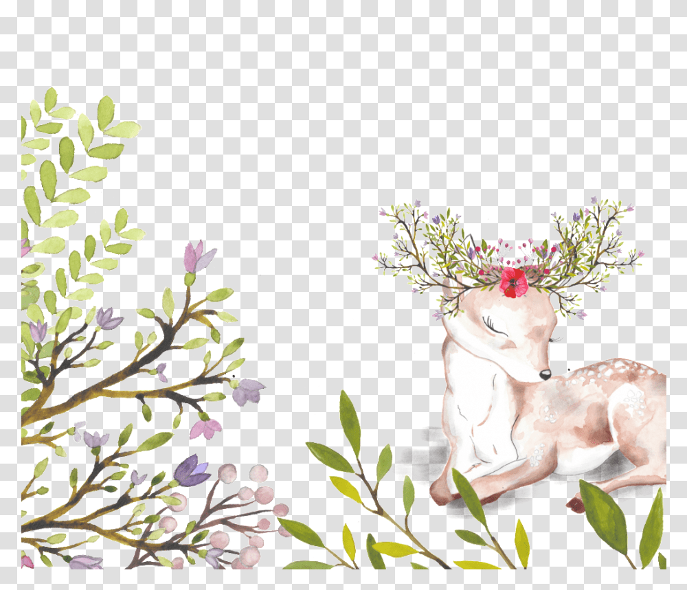 Sika Deer With Flowers Background Free Buckle, Plant, Vegetation, Tree, Figurine Transparent Png