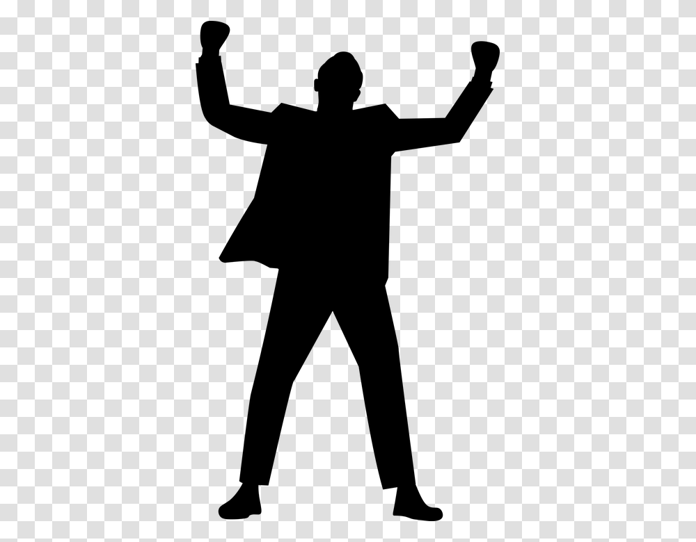Silhouette Businessman Arms Suit Yes Raised Open Success Clipart Black And White, Gray, World Of Warcraft Transparent Png