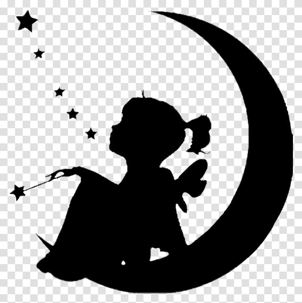 Silhouette Moon Littlegirl Blackandwhite Sticker Fairy On The Moon Silhouette, Person, Baby, Back, Kneeling Transparent Png