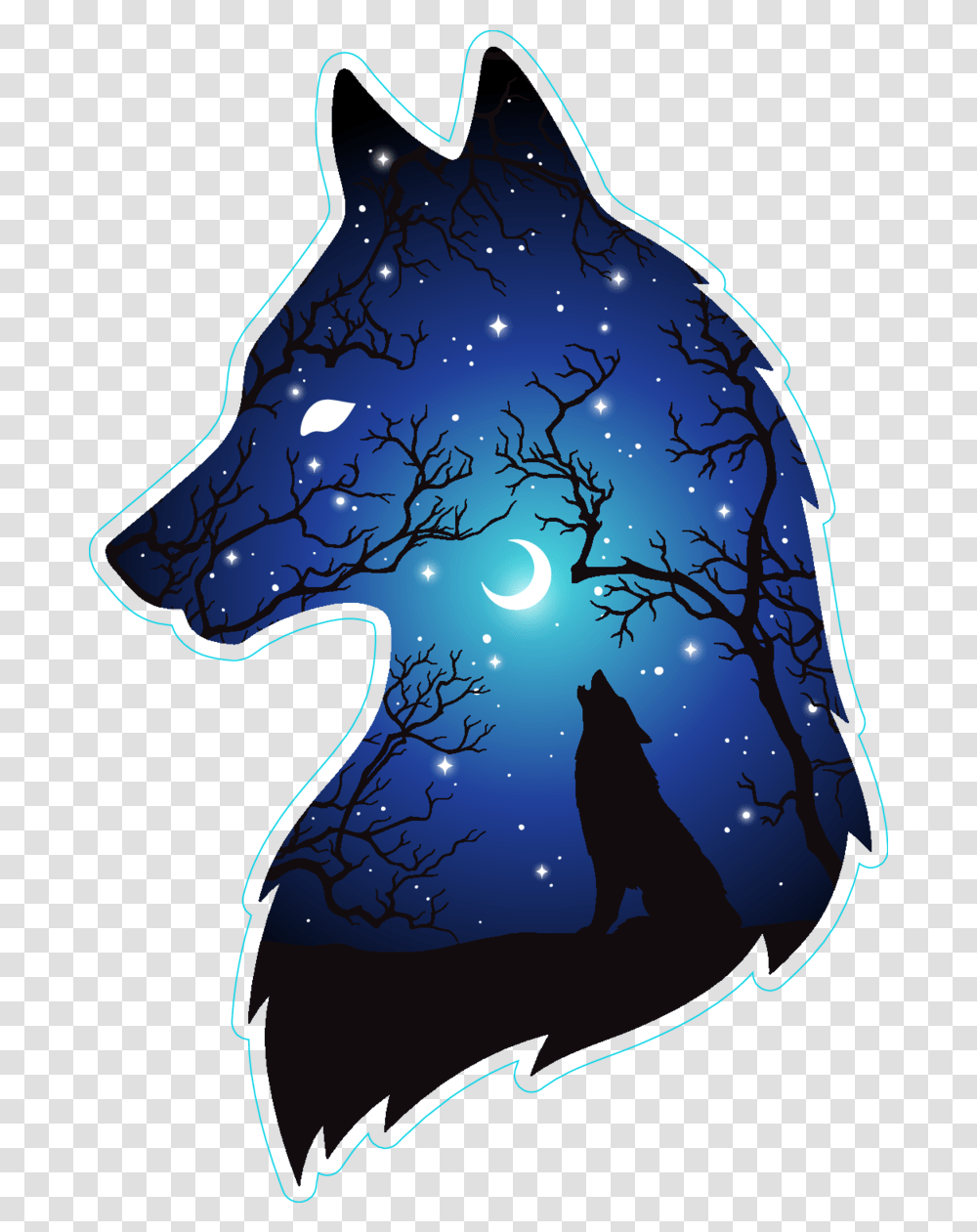 Silhouette Of Wolf Moon And Stars Double Exposure Sticker Moon Wolf, Nature, Clothing, Outer Space, Astronomy Transparent Png