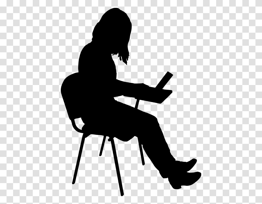 Silhouette Working Chair Girl Isolated Laptop Silhouette Of Girl Studying, Gray, World Of Warcraft Transparent Png