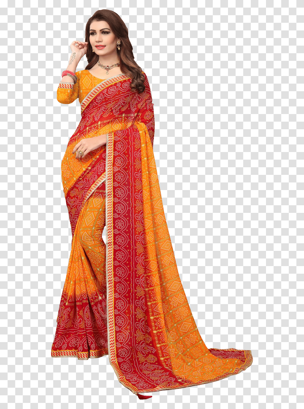 Silk Download Bandhani Saree, Apparel, Sari, Person Transparent Png