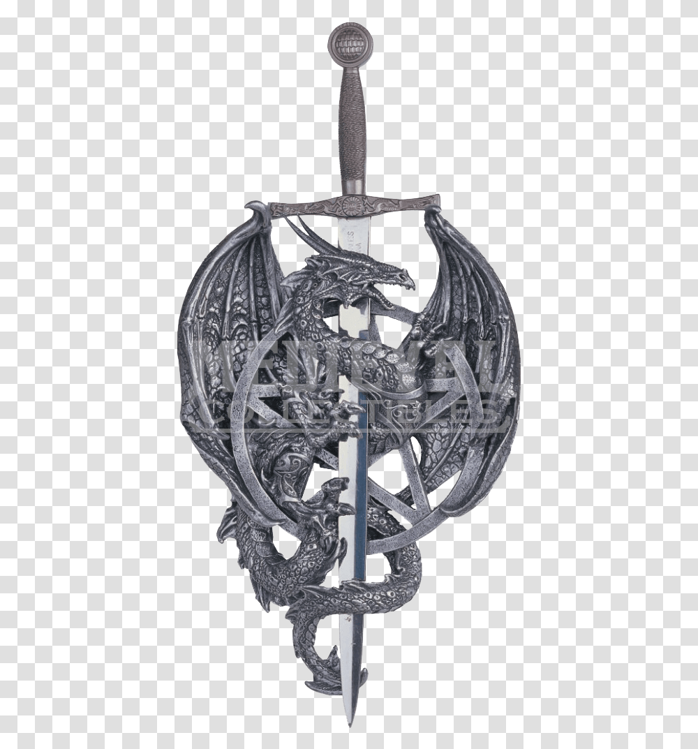 Silver Dragon With Sword Wall Plaque Illustration, Sculpture, Statue, Ornament Transparent Png