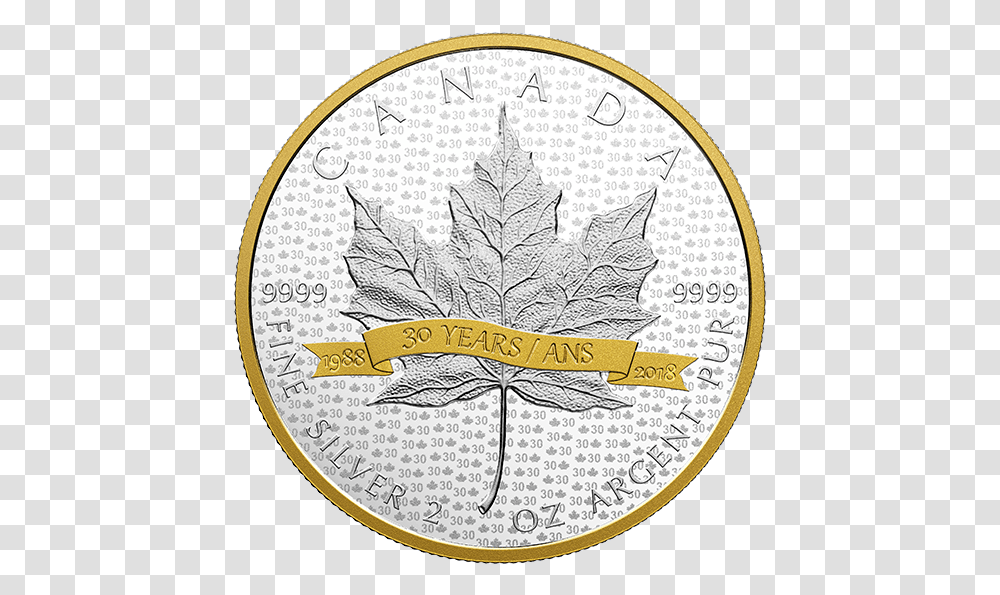 Silver Maple Leaf Tribute To 30 Years Maple Leaf 2018 Silber, Plant, Coin, Money Transparent Png