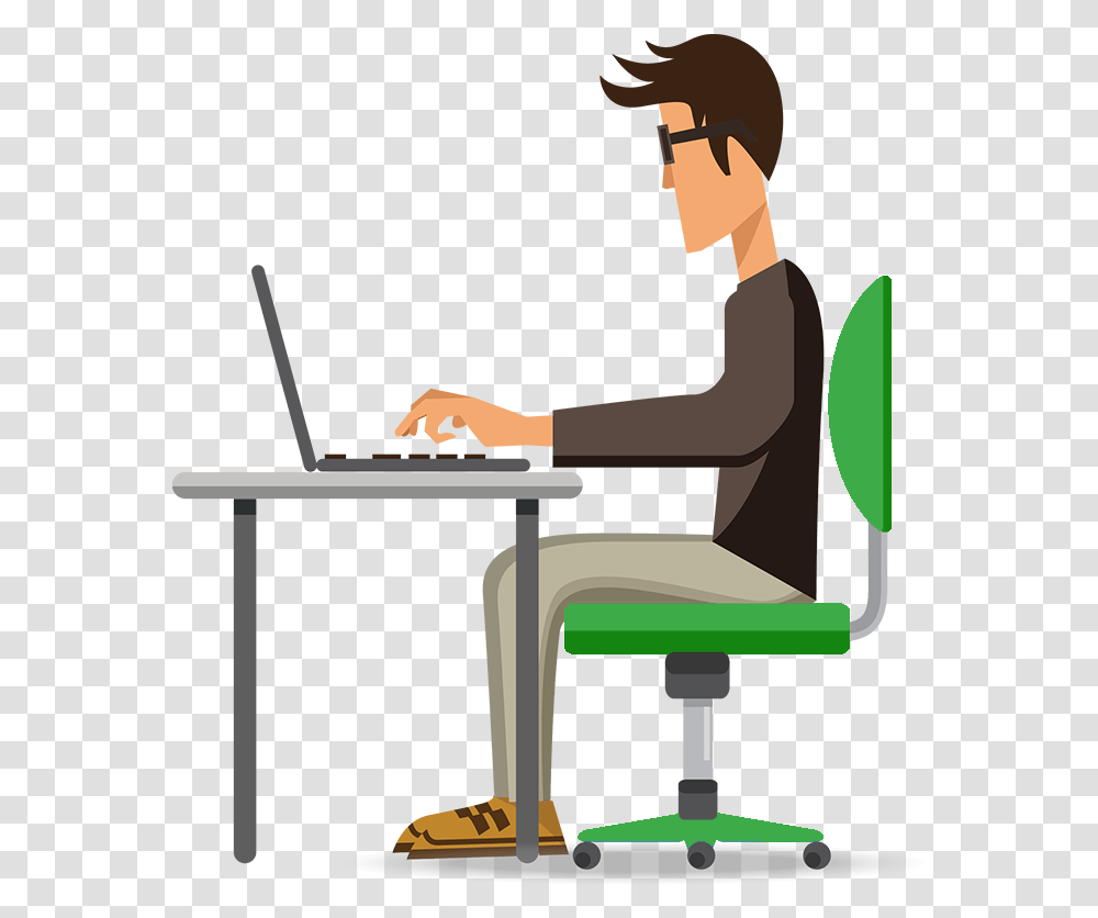 Sitting At Desk Clipart Man At Computer Clipart, Person, Furniture, Pc, Electronics Transparent Png