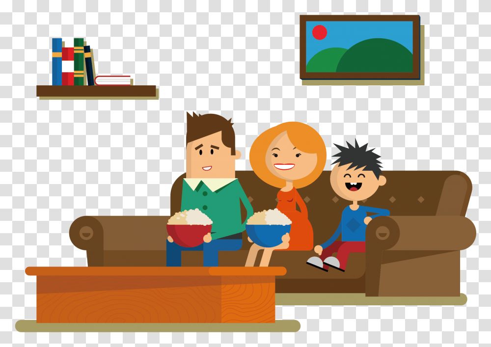 Sitting Drawing Cartoon A Family Watch Tv Vector, Word, Indoors, Room, Snowman Transparent Png