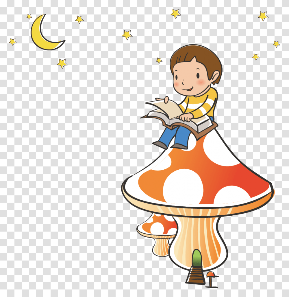 Sitting Little Boy Reading A Book On Mushrooms Cy Nm Hot Hnh, Washing, Doodle Transparent Png