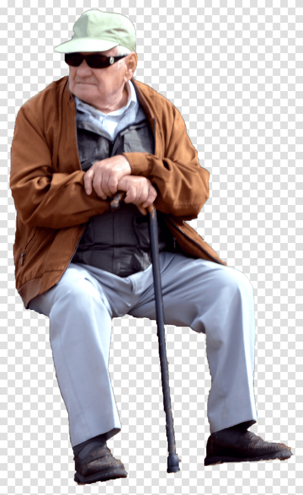 Sitting Old Man In Coat Download Old Person Sitting, Sunglasses, Stick, Cane Transparent Png