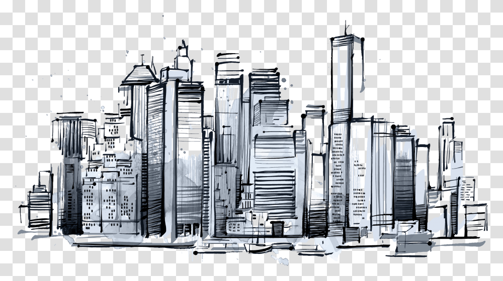 Sketch New York Skyline Skyscraper, Metropolis, City, Urban, Building Transparent Png
