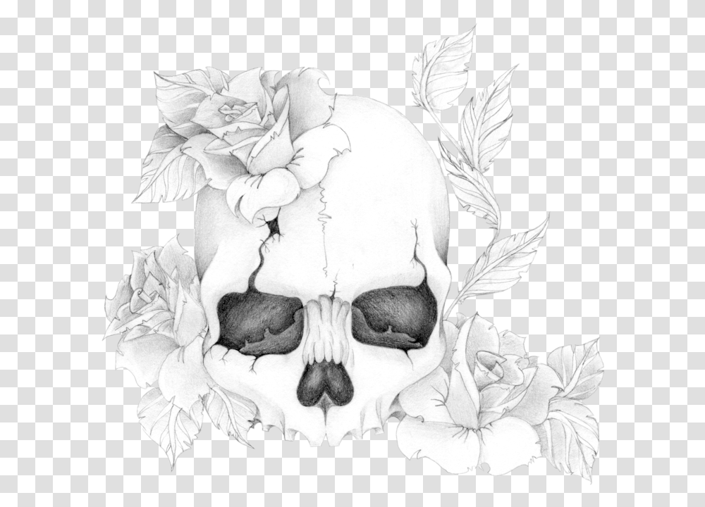 Skull And Roses Skull With Flowers, Drawing, Plant, Blossom Transparent Png