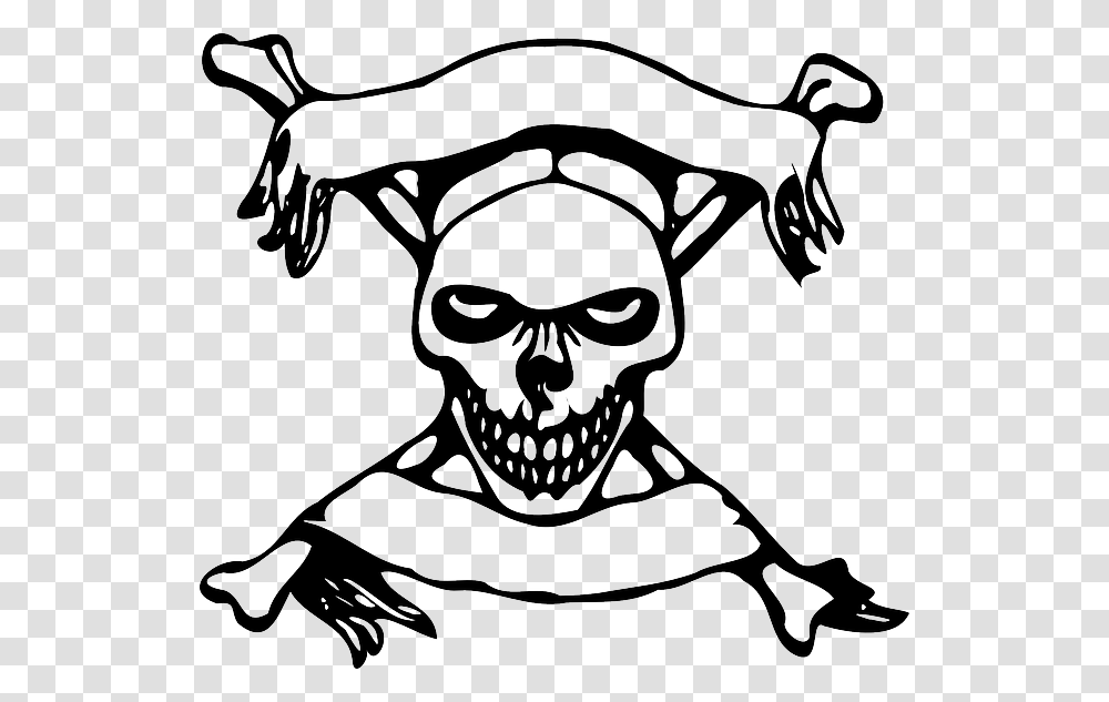 Skull Cross Bones Banners Symbol Danger Pirate Skull With Banners, Stencil, Face, Skin, Drawing Transparent Png