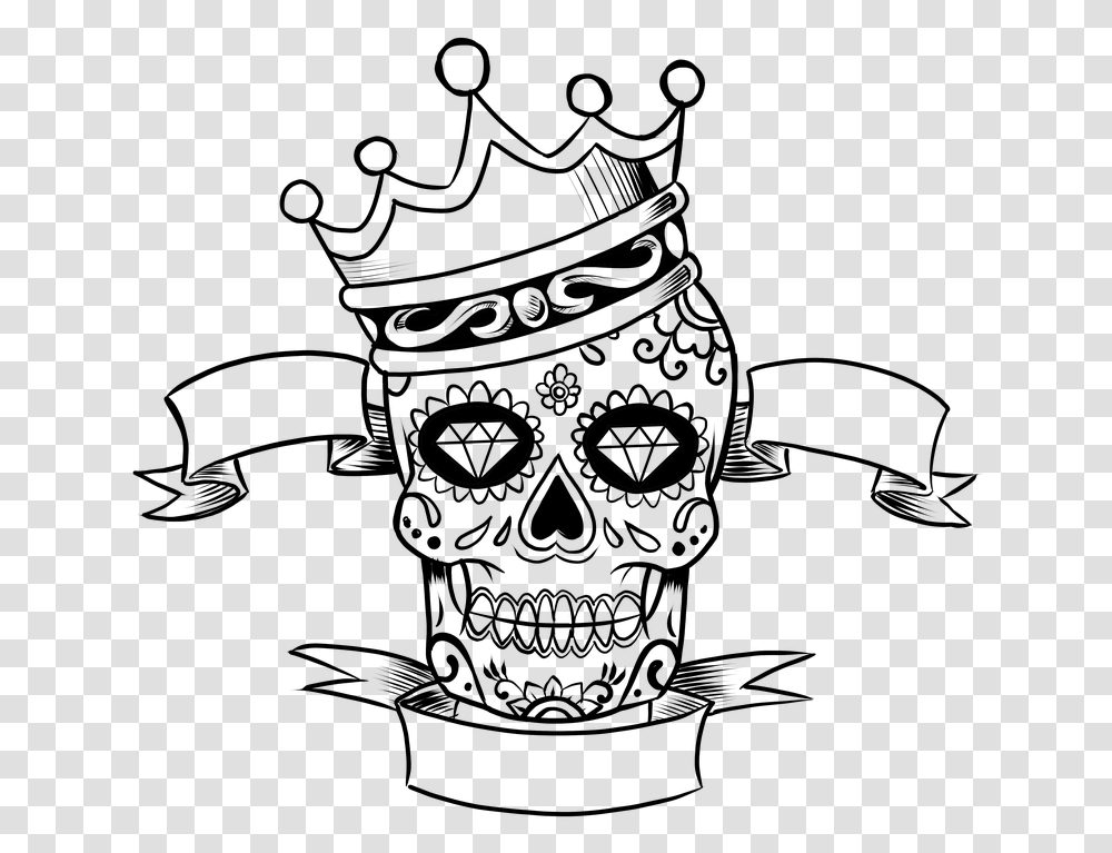 Skull Day Of The Dead Tattoo Crown Sugar Skull, Gray, World Of Warcraft Transparent Png