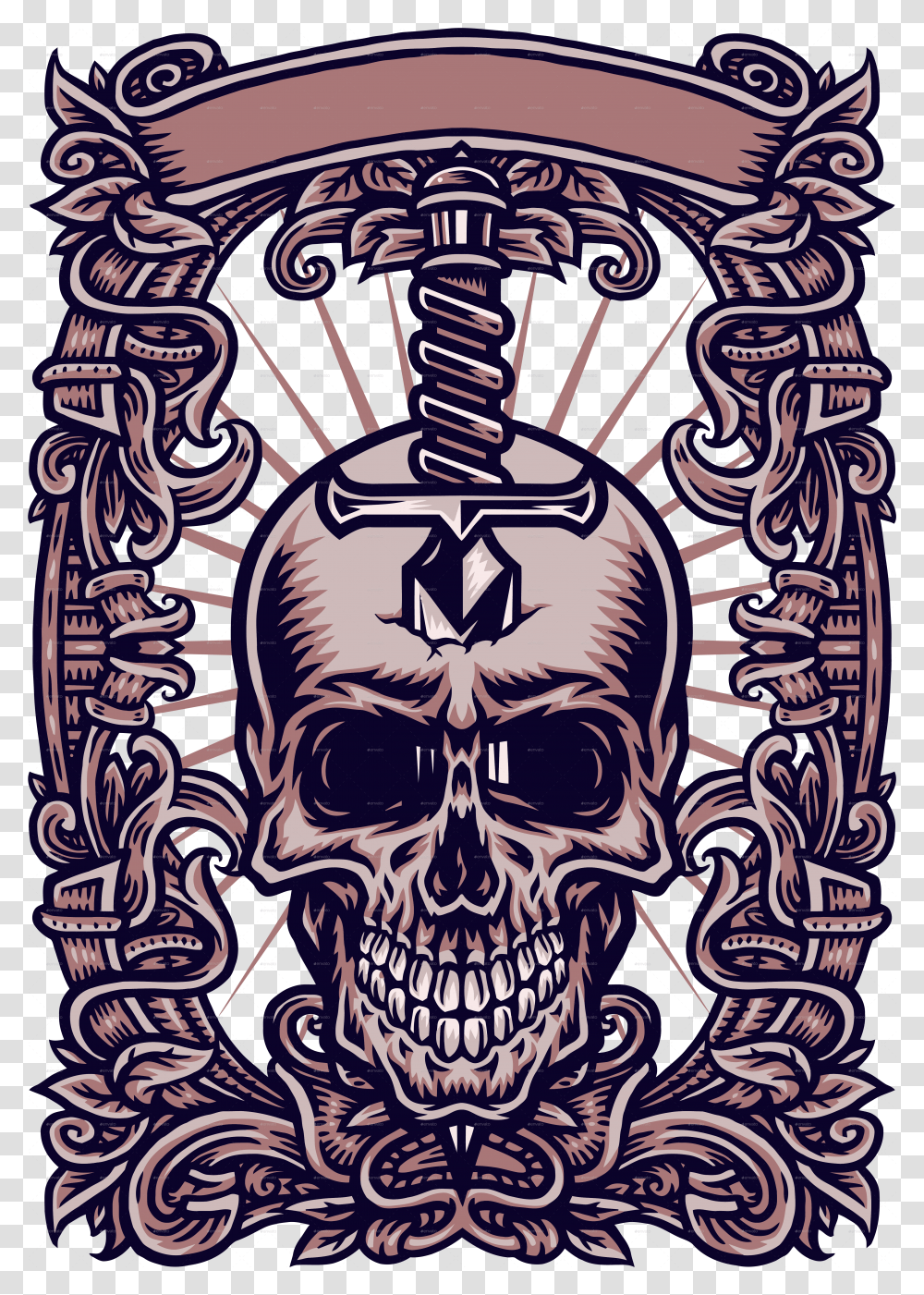 Skull Knife With Ornate Frame Skull Frame, Doodle, Drawing, Art, Skin Transparent Png