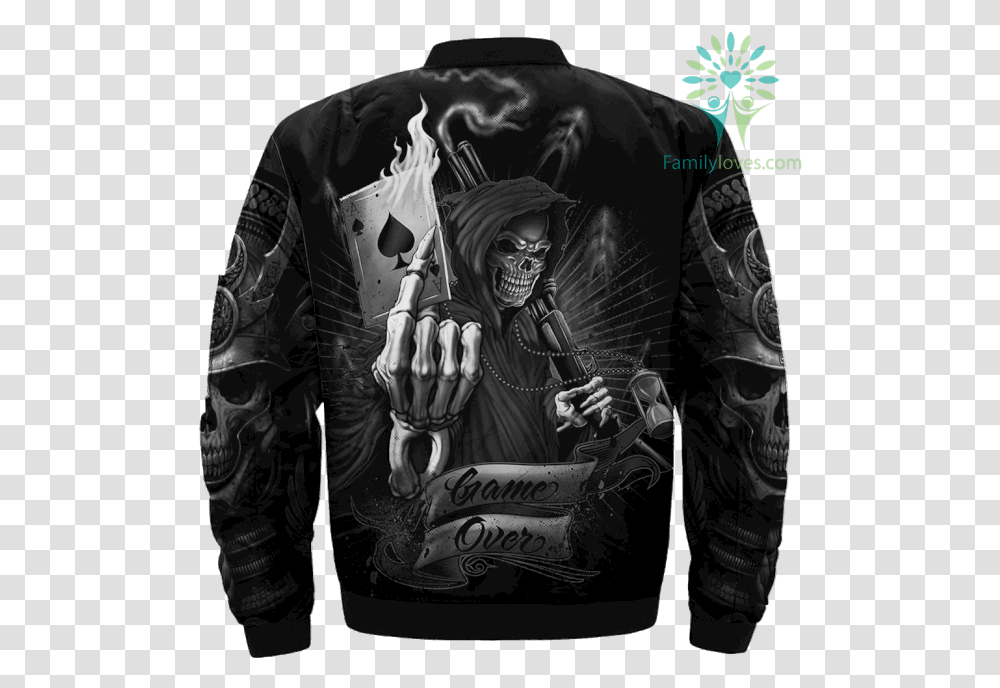 Skull Of Game Over Print Jacket Tag Familyloves Grim Reaper Ace Card, Apparel, Sleeve, Person Transparent Png