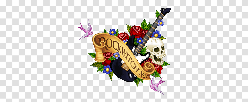 Skull With Red And Blue Flowers Guitar Tattoo Dragon Color Tattoos Color, Leisure Activities, Graphics, Art, Toy Transparent Png