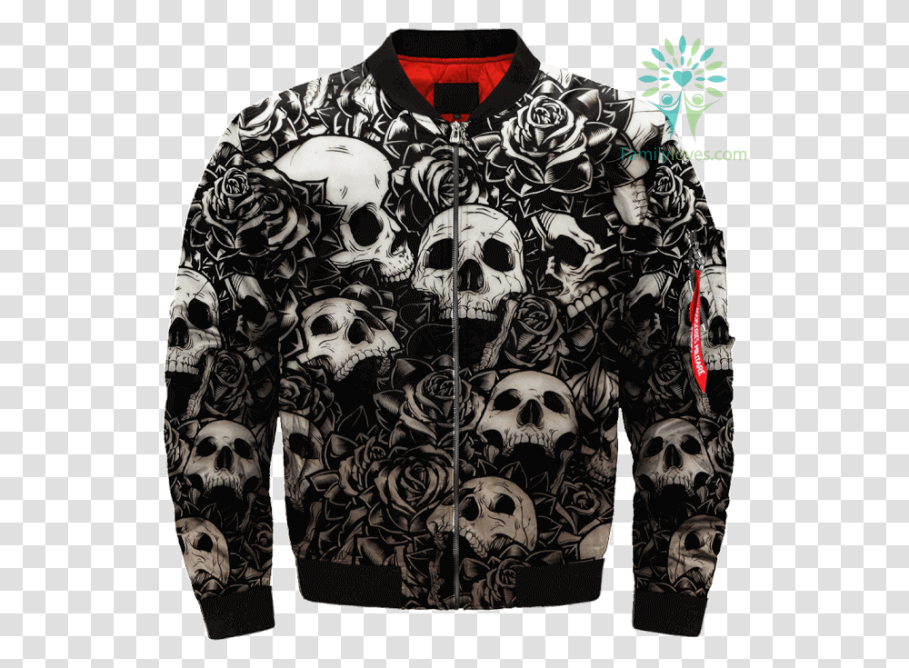 Skulls And Roses Over Print Jacket Tag Familyloves Jacket, Apparel, Sweatshirt, Sweater Transparent Png