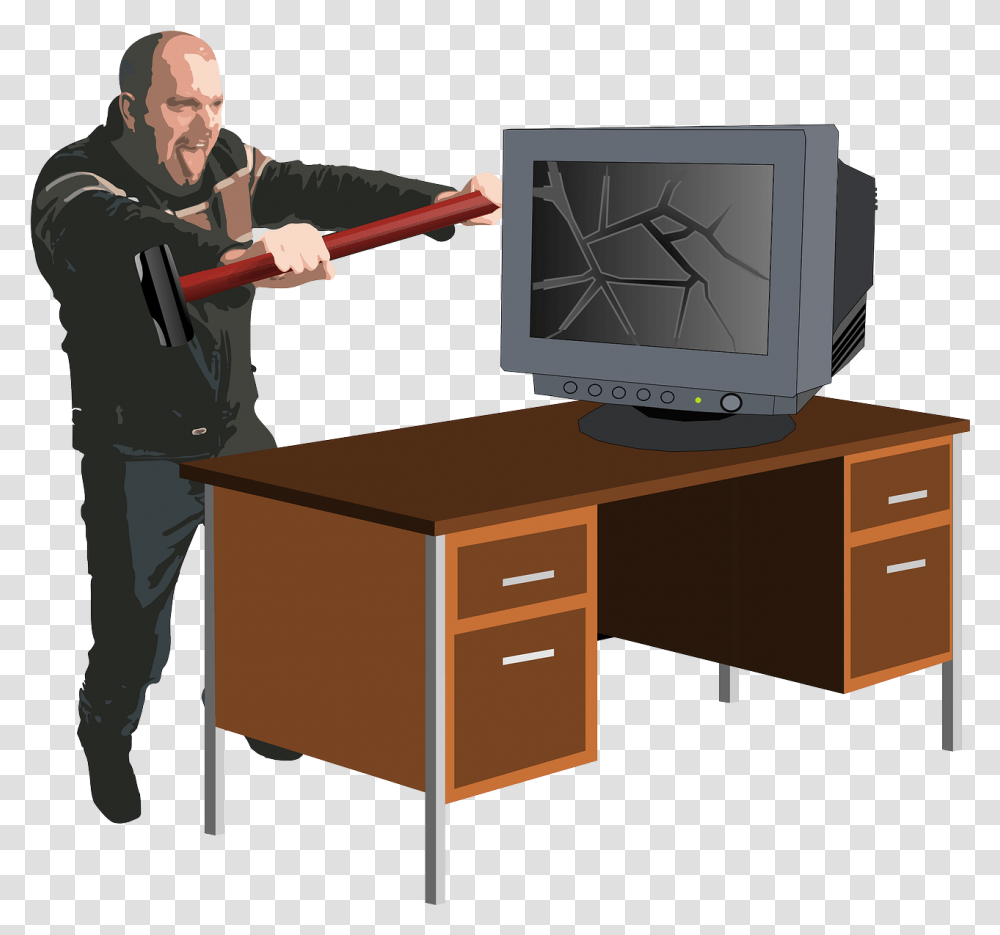 Sledgehammer Smash Angry Free Vector Graphic On Pixabay Bad Habits Using Computer, Furniture, Person, Human, Monitor Transparent Png