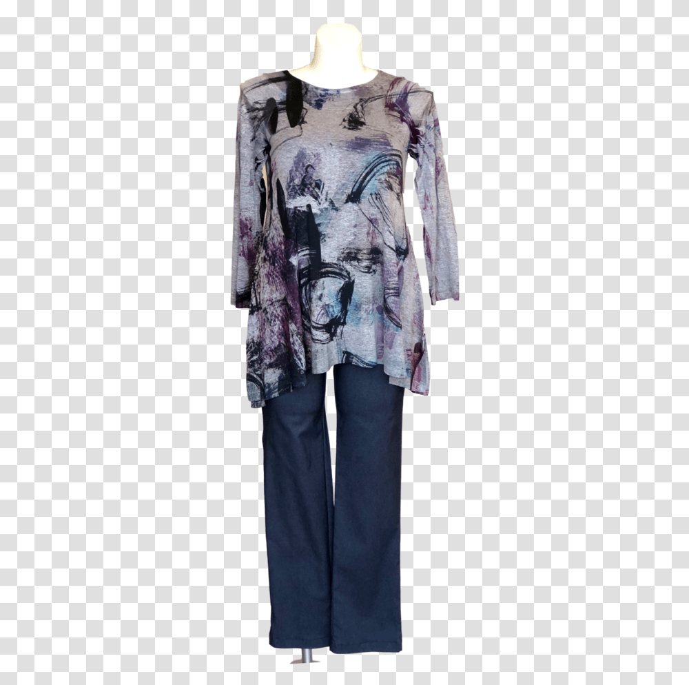 Slinky Knit Side Slit Boatneck Tunic In Gray And Purple Blouse, Sleeve, Pants, Person Transparent Png