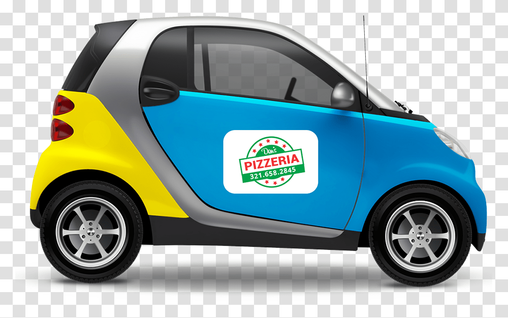 Small Car With Magnetic Sign On The Door With Pizza Car Door Magnet Signs, Vehicle, Transportation, Wheel, Machine Transparent Png