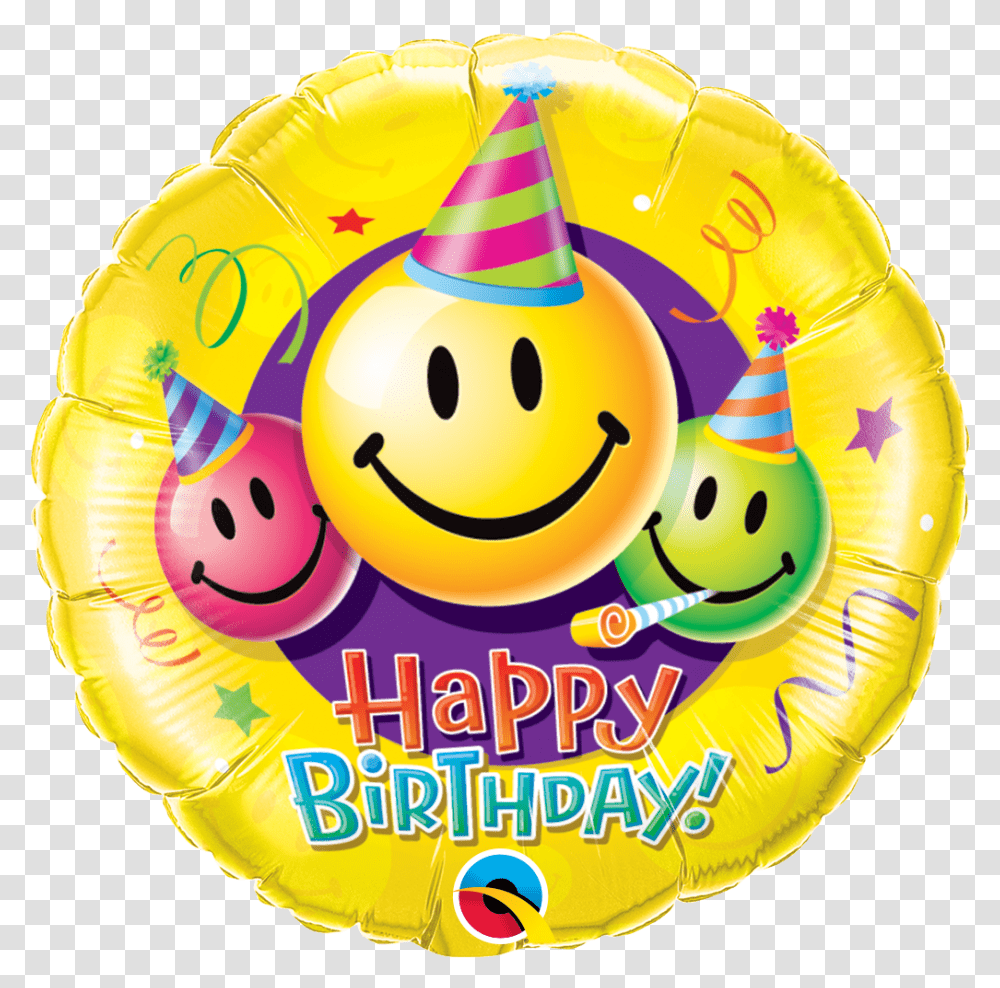 Smiley Faces Happy Birthday Mylar Foil Balloon Balloon Smiley Face Birthday, Clothing, Apparel, Hat, Party Hat Transparent Png