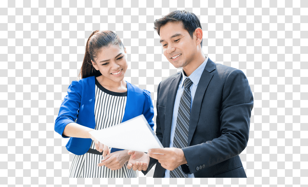 Smiling Business Man And Woman Background Consulting Person, Tie, Accessories, Suit, Overcoat Transparent Png