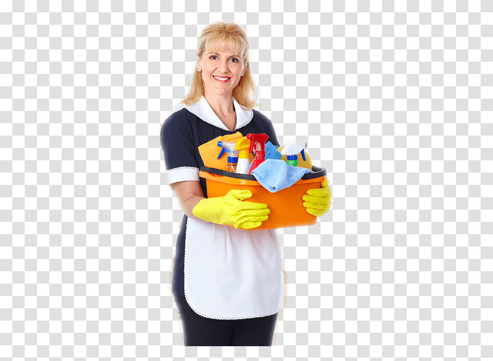 Smiling Lady Standing And Holding Bucket Full Of Bottles Gornichnaya, Person, Human, Cleaning, Female Transparent Png
