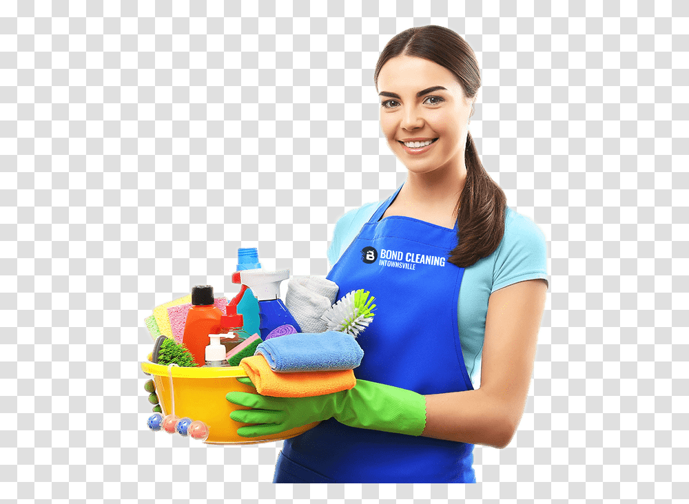 Smiling Woman Standing With A Bucket Full Of Bottles Cleaning Girl, Person, Human, Nurse Transparent Png