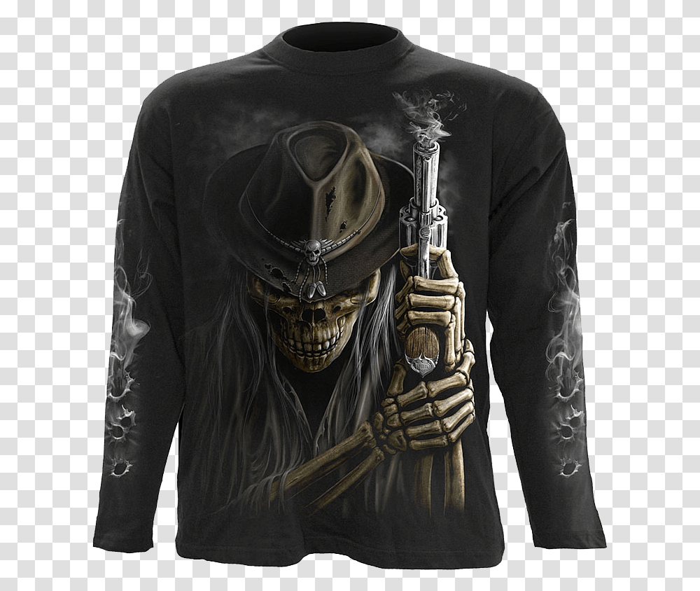 Smoking Gun Long Sleeve T Shirt Skull, Person, Horn, Brass Section Transparent Png