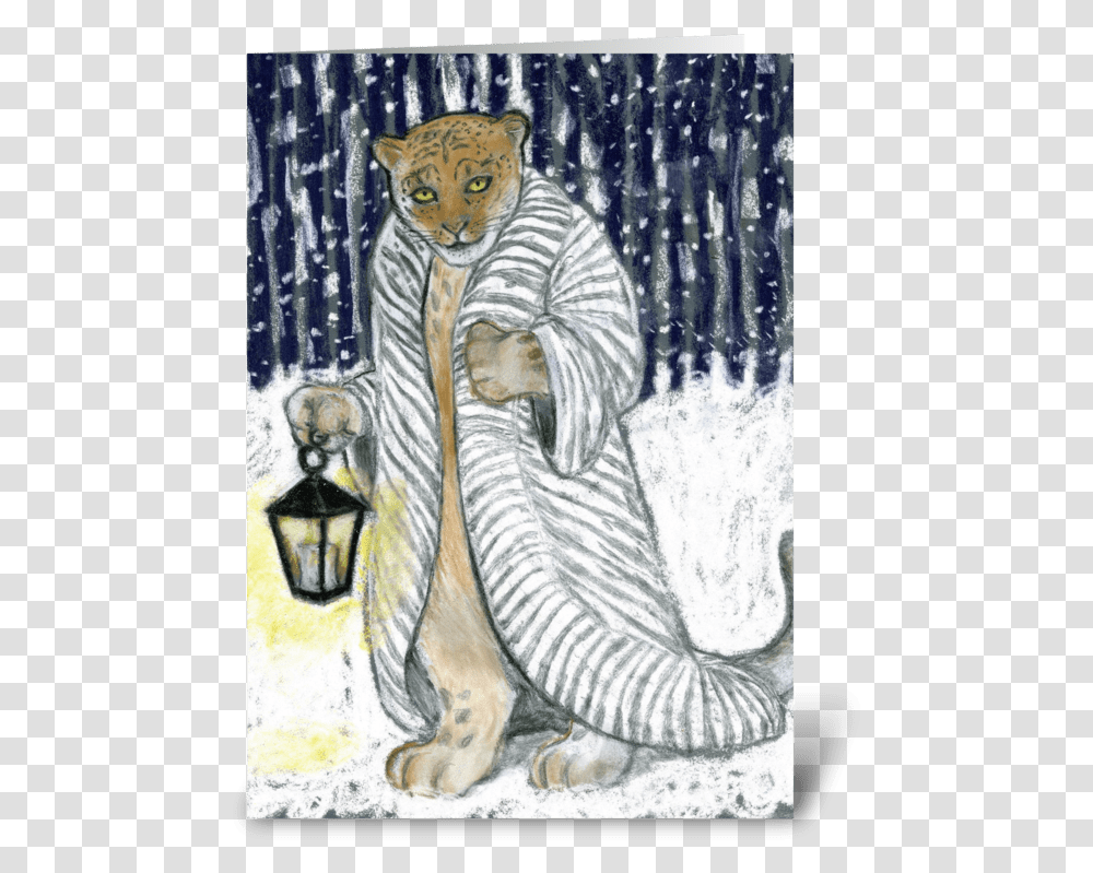 Snow Leopard On A Winter Night Greeting Card Tabby Cat, Person, Painting, Drawing Transparent Png