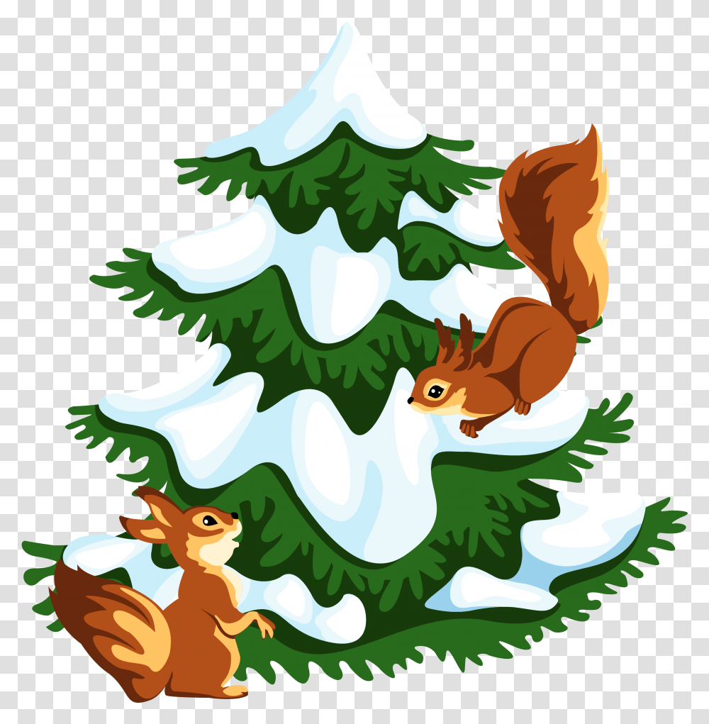 Snowy Tree With Squirrels Clipart Squirrel On Tree Clipart, Plant, Ornament, Christmas Tree, Pine Transparent Png