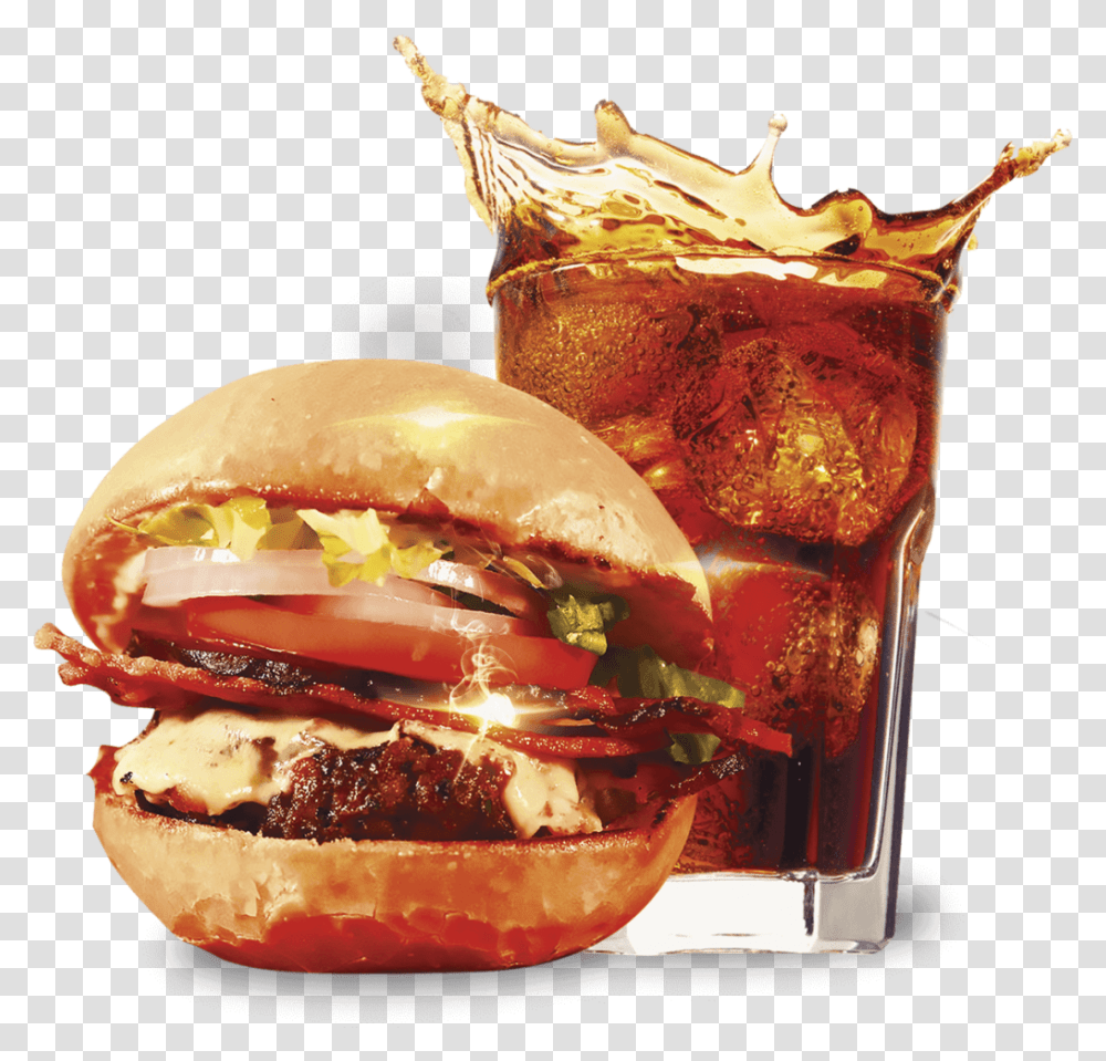 Soft Drink In Glass Cup, Burger, Food, Bun, Bread Transparent Png
