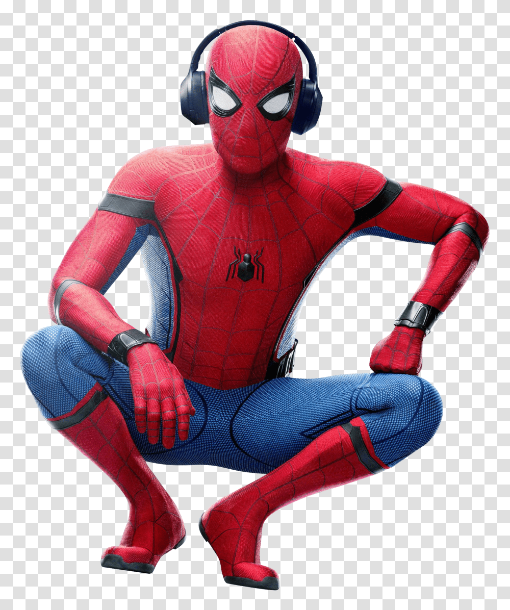 Spiderman Squatting With Headphones Transparent Png