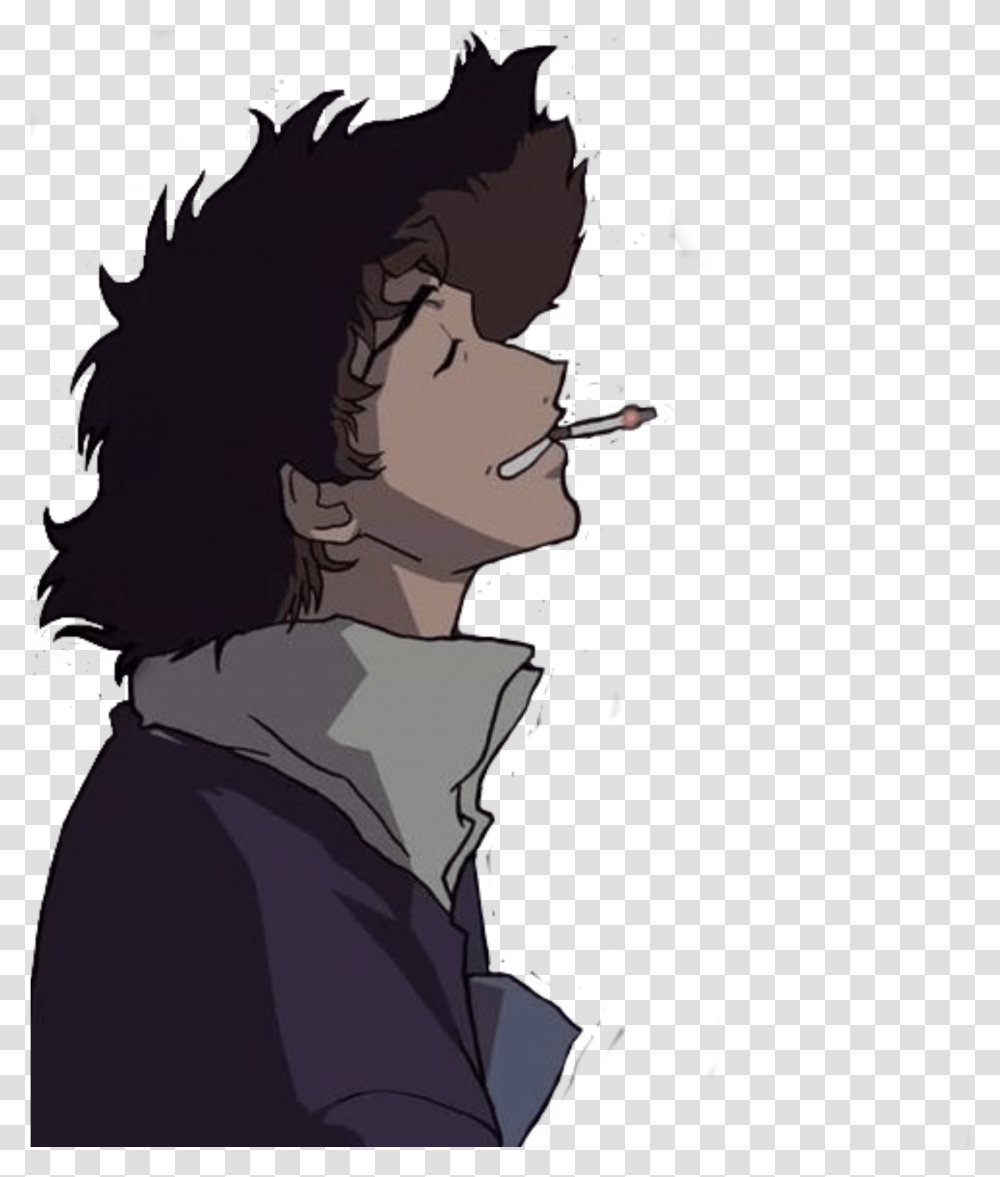 Spike Spikespiegel Sticker Anime Guy Smoking Gif, Person, Smoke, Label, Text Transparent Png
