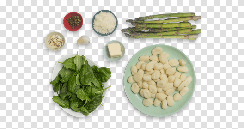 Spinach Pesto Gnocchi With Sauted Asparagus Amp Brown Lemon Top View, Plant, Egg, Food, Vegetable Transparent Png