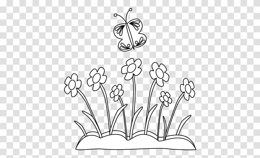 Spring Black And White Butterfly Over The Flower Clipart Black And White, Stencil, Graphics, Floral Design, Pattern Transparent Png