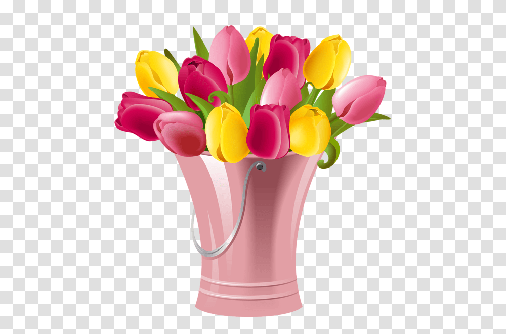 Spring Bucket With Tulips Clip Art Image, Plant, Flower, Blossom, Flower Arrangement Transparent Png