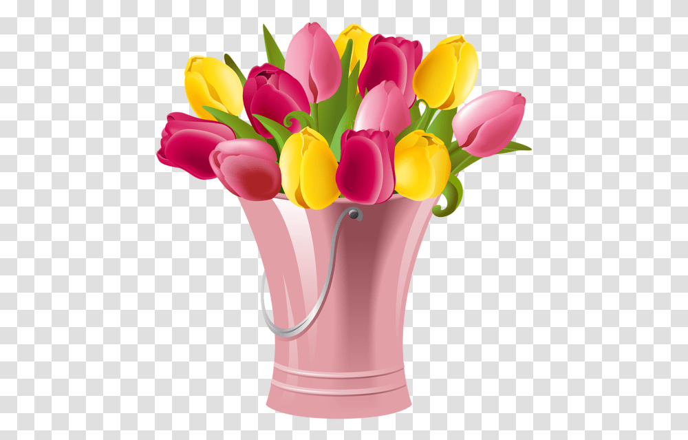 Spring Bucket With Tulips Clip Art, Plant, Flower, Blossom, Flower Arrangement Transparent Png