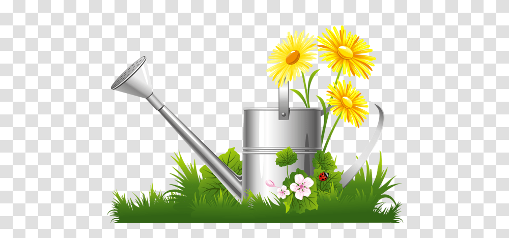 Spring Decoration With Water Can Grass And Flowers Clipart, Tin, Watering Can, Plant, Blossom Transparent Png